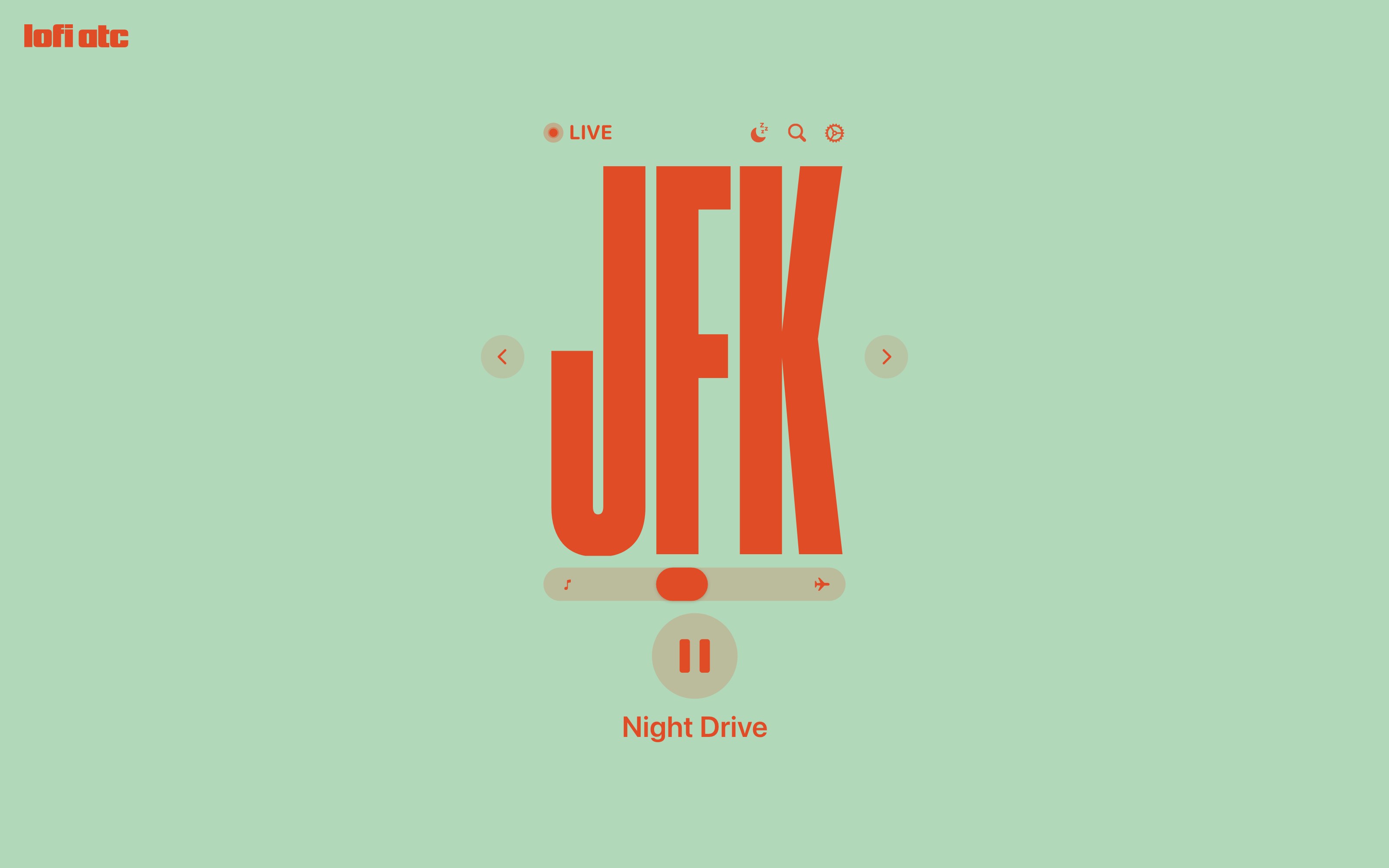 Live player — JFK tower, music/ATC crossfader, sleep timer